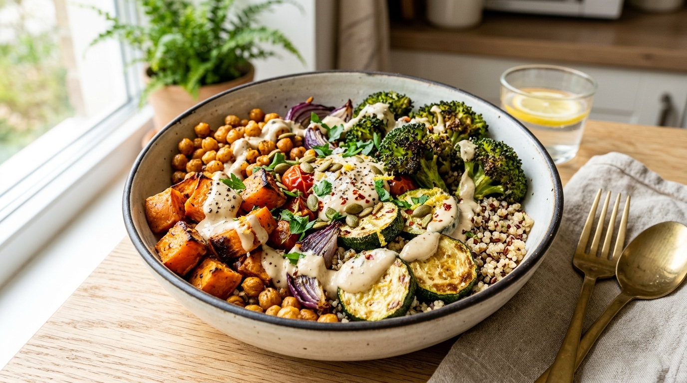 Roasted Vegetable Bowl with Garlic Tahini Sauce